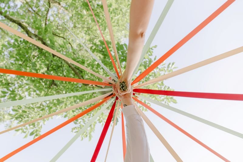 Rubans colorés tendus depuis le tronc d'un arbre, vus d'en dessous